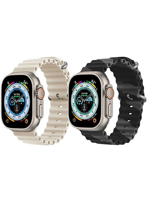 Silicone Ocean Band Strap for Apple Watch Ultra 8 49mm Off White Single Color Strap with Black/Gray Double Line Strap Set of 2