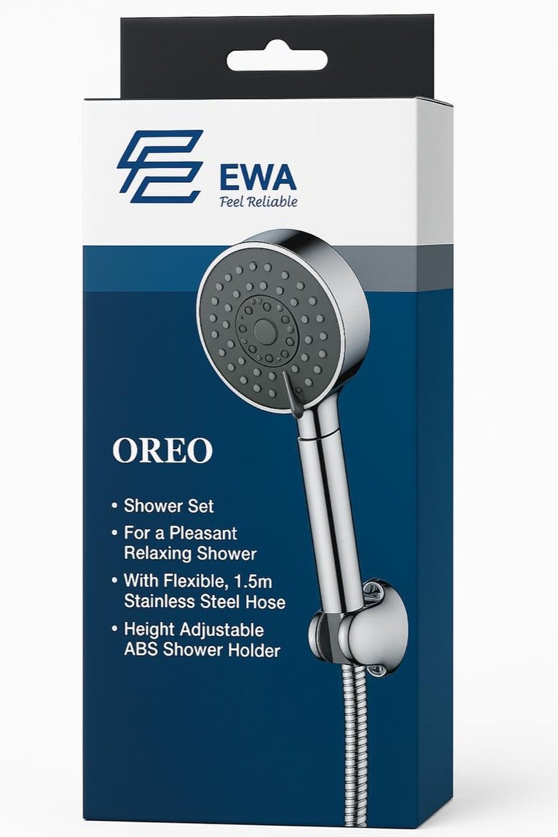 إيوا مجموعة الدش المحمولة EWA OREO - خرطوم من الفولاذ المقاوم للصدأ بطول 1.5 متر، وحامل ABS قابل للتعديل - للاسترخاء رذاذ عالي الضغط. - Image 1
