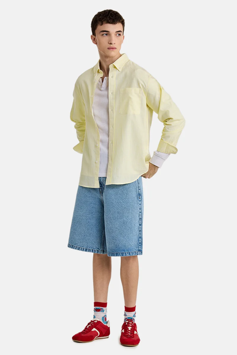 سنيتش Yellow Striped Long Sleeve Regular Fit Casual Shirt