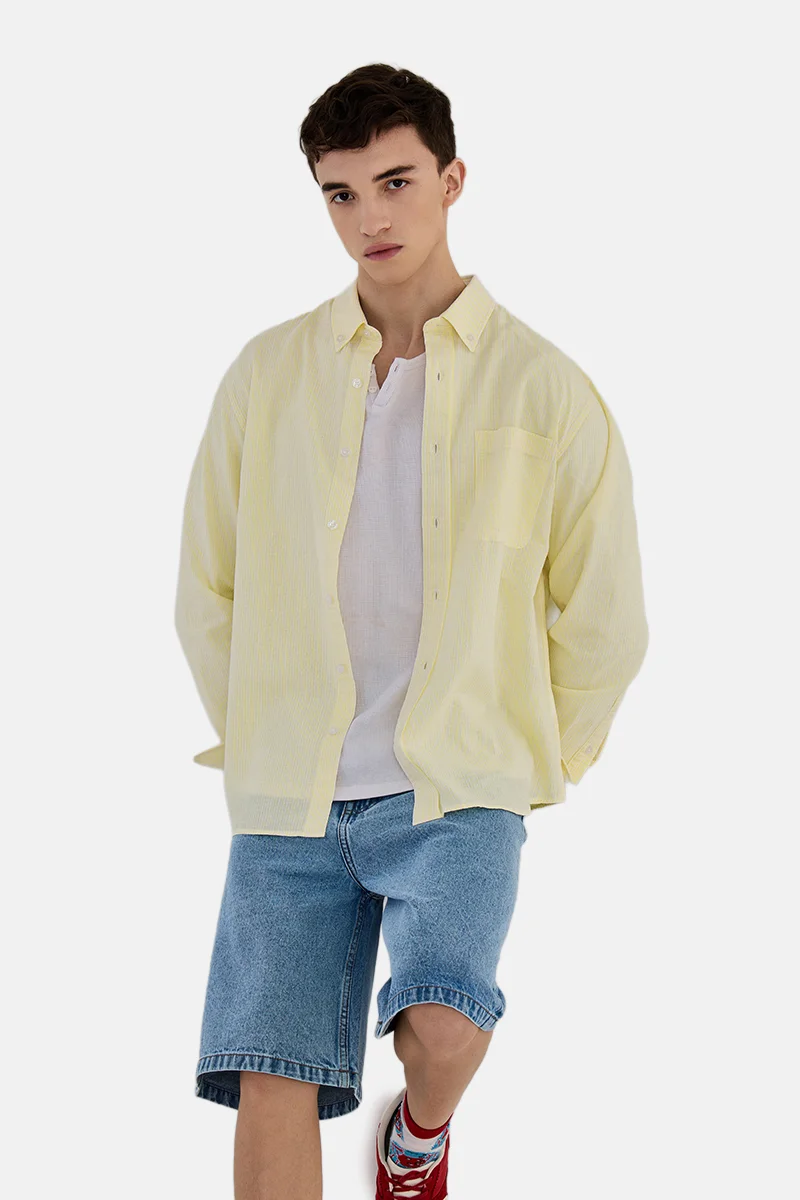 سنيتش Yellow Striped Long Sleeve Regular Fit Casual Shirt