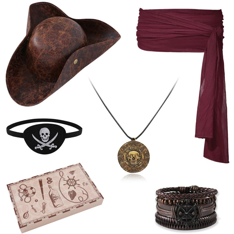 WooHand Pirate Hat and Accessories Set with Eye Patch Necklace Sash Leather Bracelets for Men Women Pirate Costume Halloween Cosplay Renaissance Outfit - Image 1