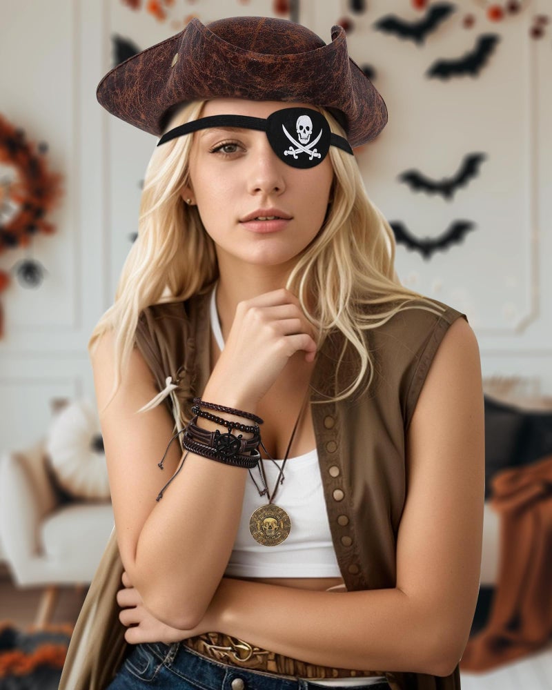 WooHand Pirate Hat and Accessories Set with Eye Patch Necklace Sash Leather Bracelets for Men Women Pirate Costume Halloween Cosplay Renaissance Outfit - Image 2