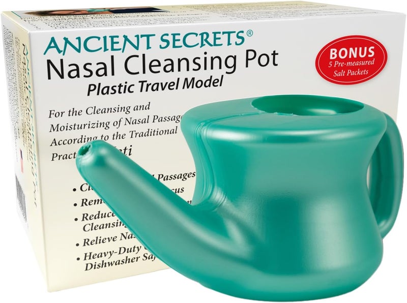 ANCIENT SECRETS Ancient Secrets Neti Pot Sinus Rinse - Nasal Cleansing Pot, Plastic Travel Model, Nasal Irrigation, BPA-Free Neti Pot + 6 Pre-Measured Packs of Nasal Cleansing Salt 