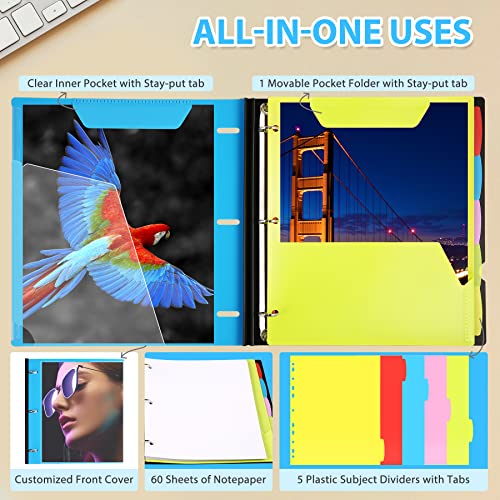 WOT I 1-Pack Telescoping 3 Ring Binder Notebook - Customizable Cover, 5 Dividers & Pocket Folder in One Slim Organizer (60 Sheets Included), Blue - Image 5