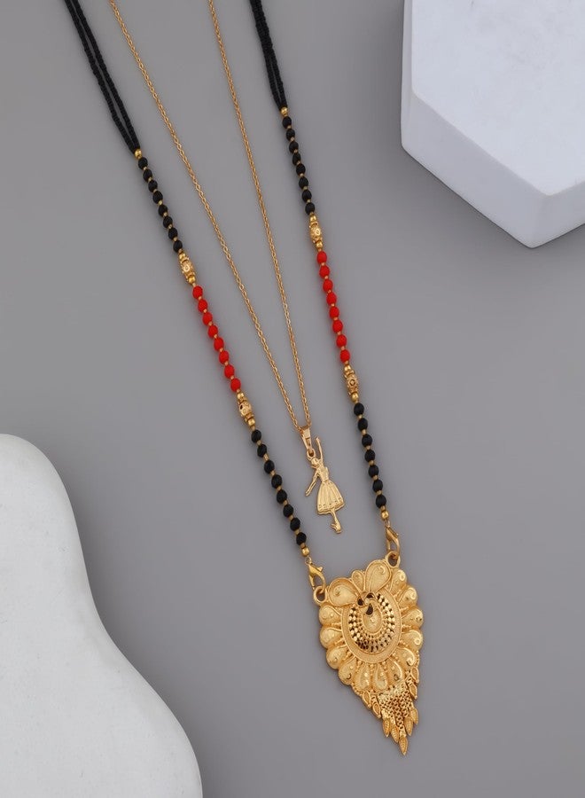 MALKYN Women's Gold Plated Peacock Motif Mangalsutra and Ballerina Pendant Layered Necklace Set, Traditional Indian Black Beaded Jewelry for Wedding and Festive Outfit-MD-066 - Image 2