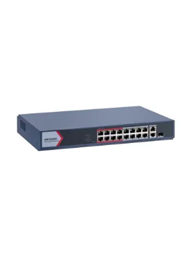 DS-3E1318P-EI/M 16 Port Fast Ethernet Smart POE Switch, 16*10/100Mbps PoE, 1 *Gigabit combo,1 *Gigabit RJ45 port, 6 KV surge protection for PoE ports Black