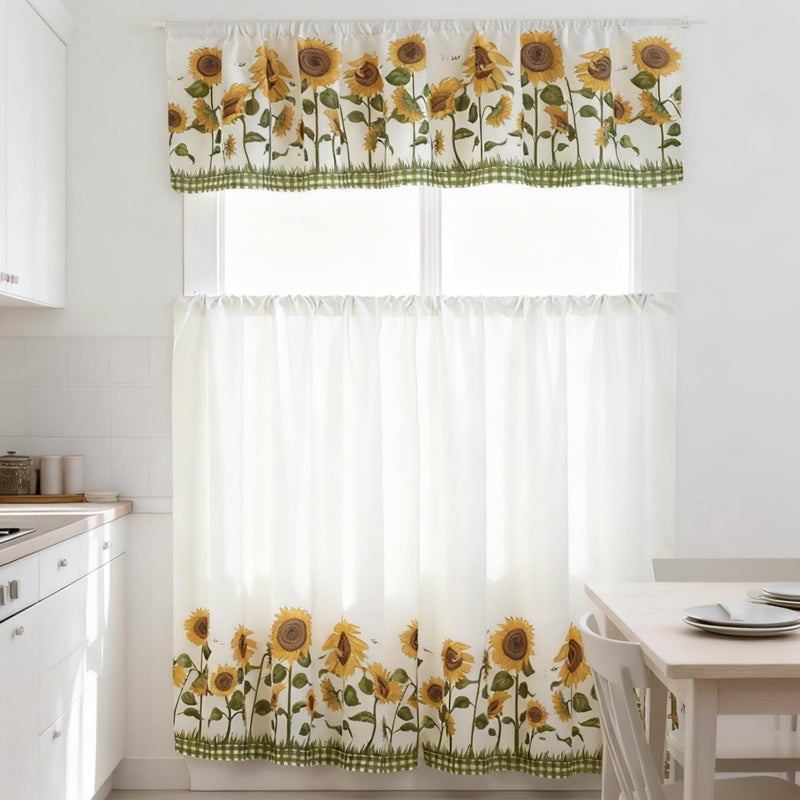 MarCielo 3 Piece Printed Floral Kitchen/Cafe Curtain with Swag and Tier Window Curtain Set, White, Sunflower - Image 4