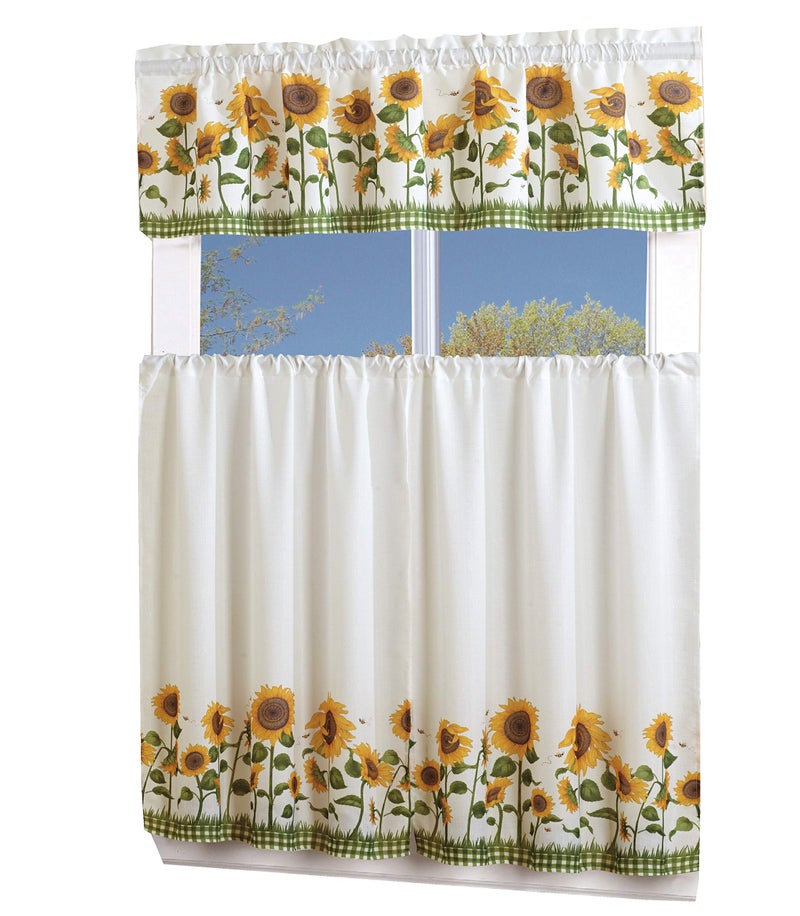 MarCielo 3 Piece Printed Floral Kitchen/Cafe Curtain with Swag and Tier Window Curtain Set, White, Sunflower - Image 1