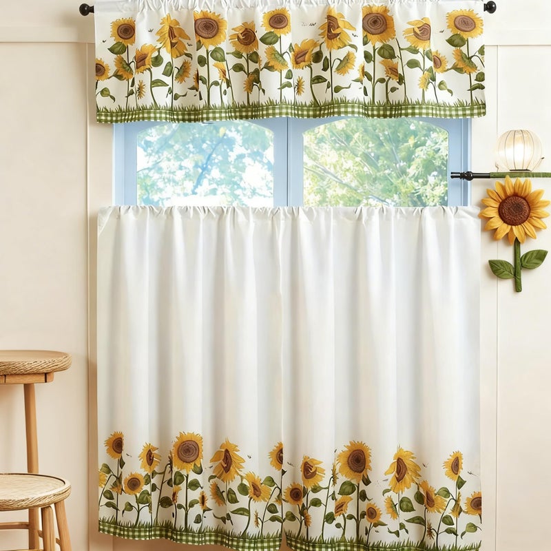 MarCielo 3 Piece Printed Floral Kitchen/Cafe Curtain with Swag and Tier Window Curtain Set, White, Sunflower - Image 2