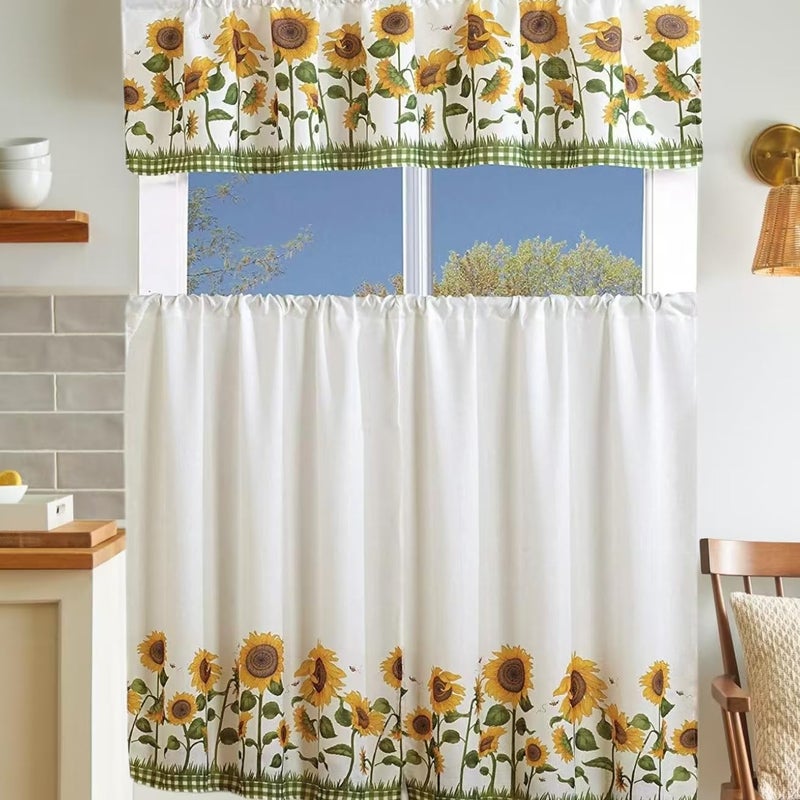 MarCielo 3 Piece Printed Floral Kitchen/Cafe Curtain with Swag and Tier Window Curtain Set, White, Sunflower - Image 5