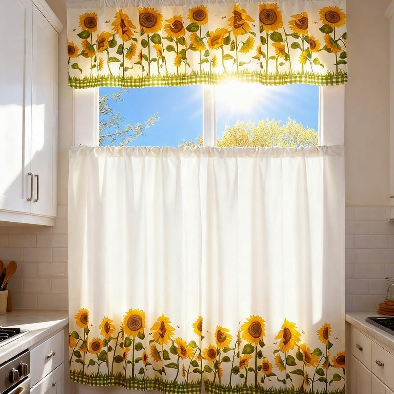 MarCielo 3 Piece Printed Floral Kitchen/Cafe Curtain with Swag and Tier Window Curtain Set, White, Sunflower - Image 3