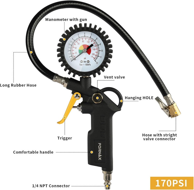 FORNAX Tire Inflator with Pressure Gauge, 170 PSI Air Chuck, and Durable Rubber Hose - Image 3
