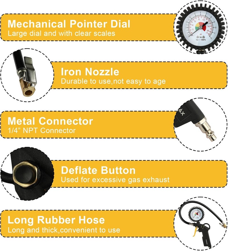 FORNAX Tire Inflator with Pressure Gauge, 170 PSI Air Chuck, and Durable Rubber Hose - Image 5
