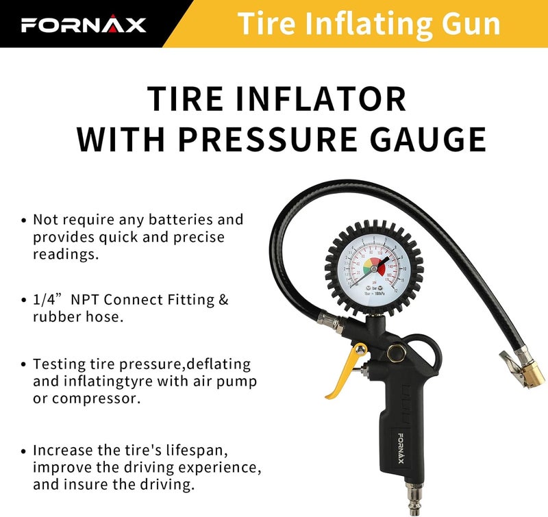 FORNAX Tire Inflator with Pressure Gauge, 170 PSI Air Chuck, and Durable Rubber Hose - Image 4