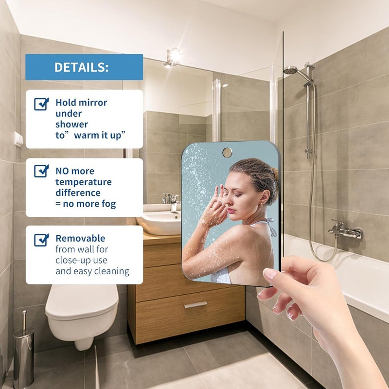 VXKZF Shatterproof Shower Mirror Fogless for Shaving,(Large,1 Pcs 11x8 in) Anti Fog Shaving Mirror No Fog Free Holder NO-Drilling Waterproof, Small Wall Mounted Bathroom Accessories Camping Hanging Men - Image 2