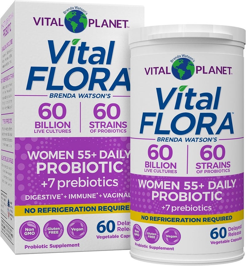 Vital Planet  Vital Flora Probiotics for Women Over 55 Daily Shelf Stable Probiotic 60 Billion CFU 60 Diverse Strains 7 Organic Prebiotics Immune Support and Digestive Health 60 Capsules - Image 1