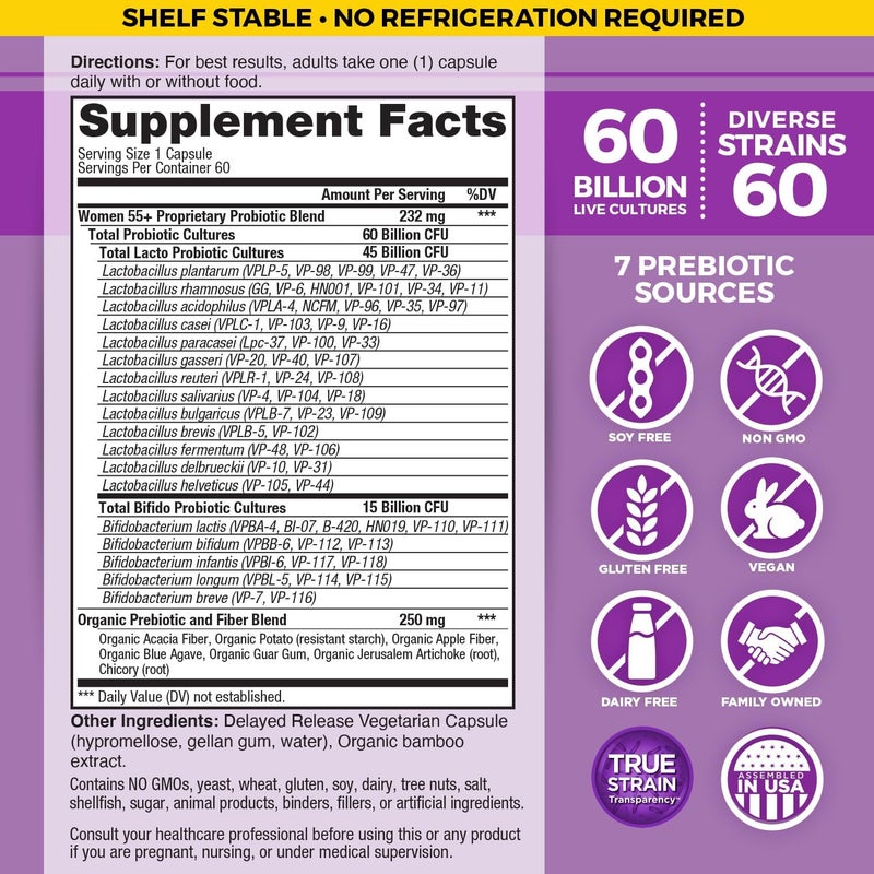 Vital Planet  Vital Flora Probiotics for Women Over 55 Daily Shelf Stable Probiotic 60 Billion CFU 60 Diverse Strains 7 Organic Prebiotics Immune Support and Digestive Health 60 Capsules - Image 2