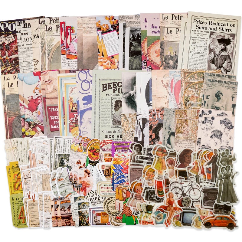 Knaid Vintage Scrapbook Supplies Pack 200 Pieces for Junk Journal Bullet Journals Planners Aesthetic Paper Stickers Craft Kits Cottagecore Collage Album Retro