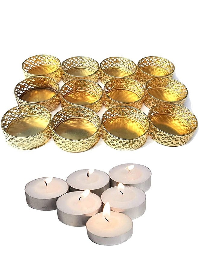 Elegance Set of 12 Golden Tea Light Holder with 12 pcs Smokeless Tea Light for Bedroom Dining Area Navaratri, Dussehra, Diwali Festival Decorations, Deepak for Home Decor,gold(ELEGDC2)