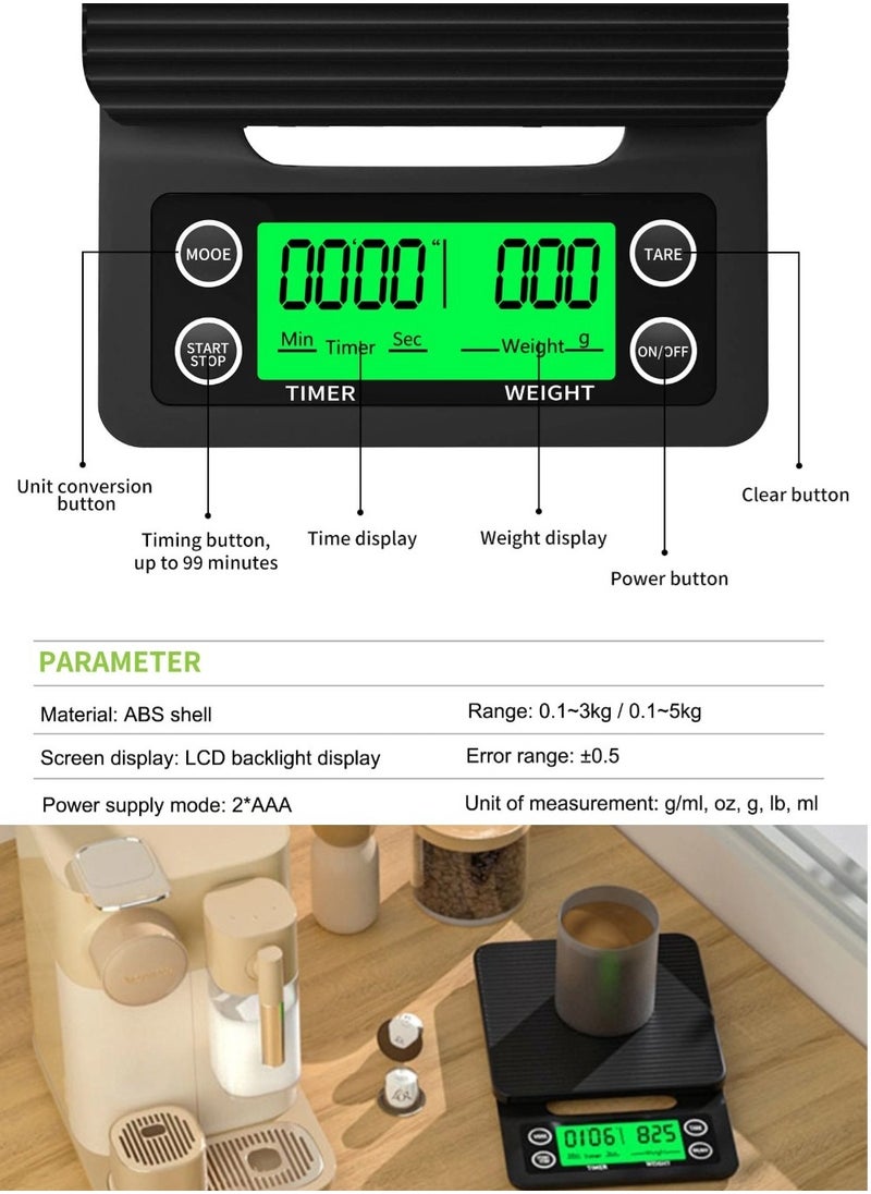 BEILINGDUN - Electronic Weighing Coffee Scale,Mini Electronic Scale, Coffee Scale with Timer,Professional Digital Coffee Scale,Accurate Electric Kitchen Scale(Tare Function) 5kg/0.1g Black19.5x13.5x3cm - Image 1
