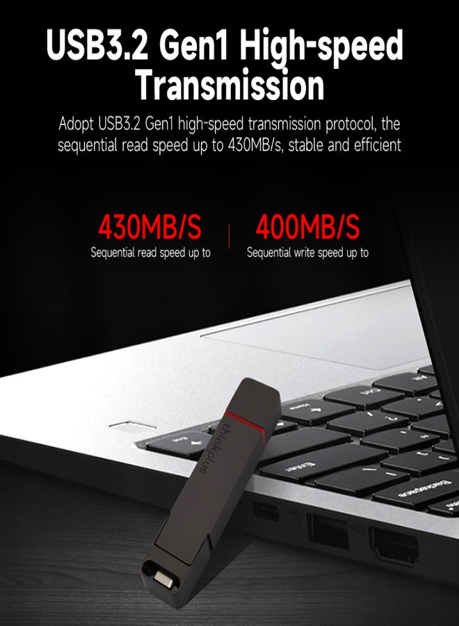 ثينك بلس محرك أقراص فلاش USB محمول من نوع Thinkplus TU200 Pro بسعة 128 جيجابايت، مزود بمنفذي USB 3.2 و Type-C، مصنوع من المعدن، يتميز بسرعة نقل بيانات عالية، لون رمادي. - Image 5