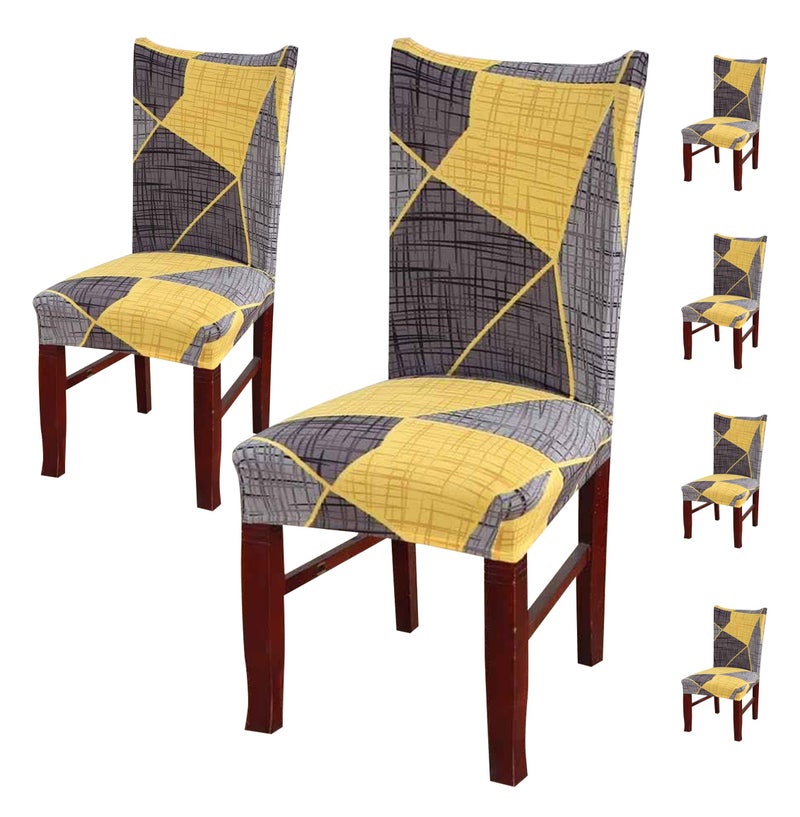 House of Quirk Elastic Chair Cover Stretch Removable Washable Short Dining Chair Cover Protector Seat Slipcover (Pack of 6, Yellow Grey Prism) - Image 1