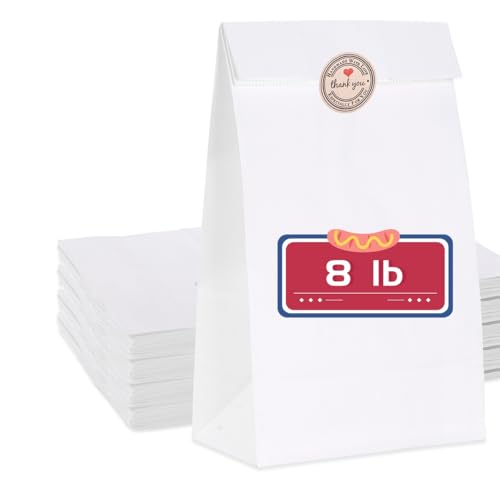 GRANDAN 200 Pack 8 Lb Paper Lunch Bags, Pre-folded 6.1x4x11.8'' Food Grade Recyclable White Kraft Sack Bags for Homemade Food Packing Storage, Bonus Label Seal Stickers - Image 1