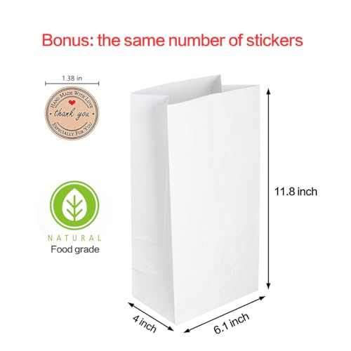 GRANDAN 200 Pack 8 Lb Paper Lunch Bags, Pre-folded 6.1x4x11.8'' Food Grade Recyclable White Kraft Sack Bags for Homemade Food Packing Storage, Bonus Label Seal Stickers - Image 2