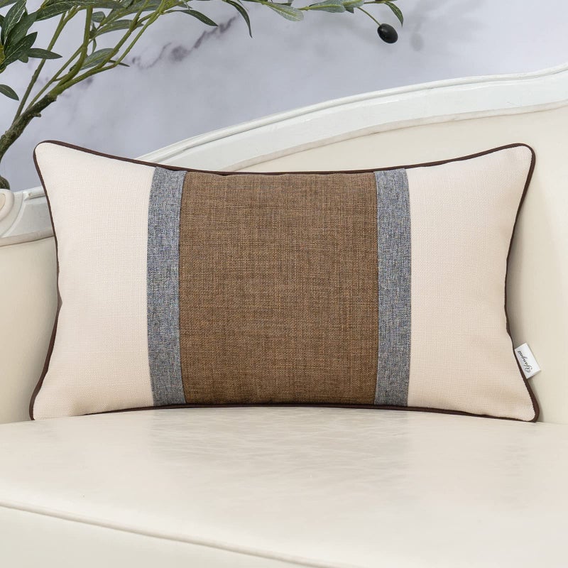 Yangest Patchwork Pillow Cover 12x20 Inch Luxury Cotton and Linen Cushion Cover Rectangle Pillowcover for Couch Bedroom Living Room,Brown - Image 1