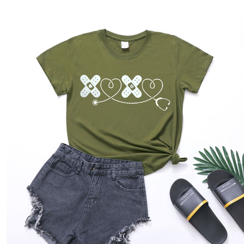 wish cross-border new spot Leisure International Nurse's day XOXO stethoscope fun printing round neck T women's short sleeve - Image 1
