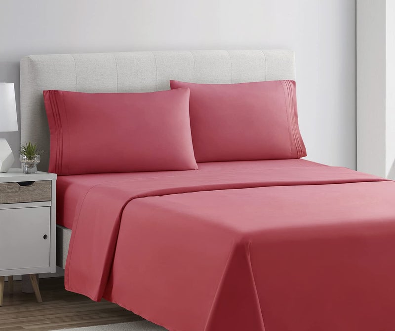 Clara Clark Bed Sheets, Premier 1800 Series 4 Piece Bed Sheet Set, Deep Pocket, Wrinkle, Fade, Stain Resistant, Luxury Soft Bedding Sheets & Pillowcases, King, Coral Pink - Image 2