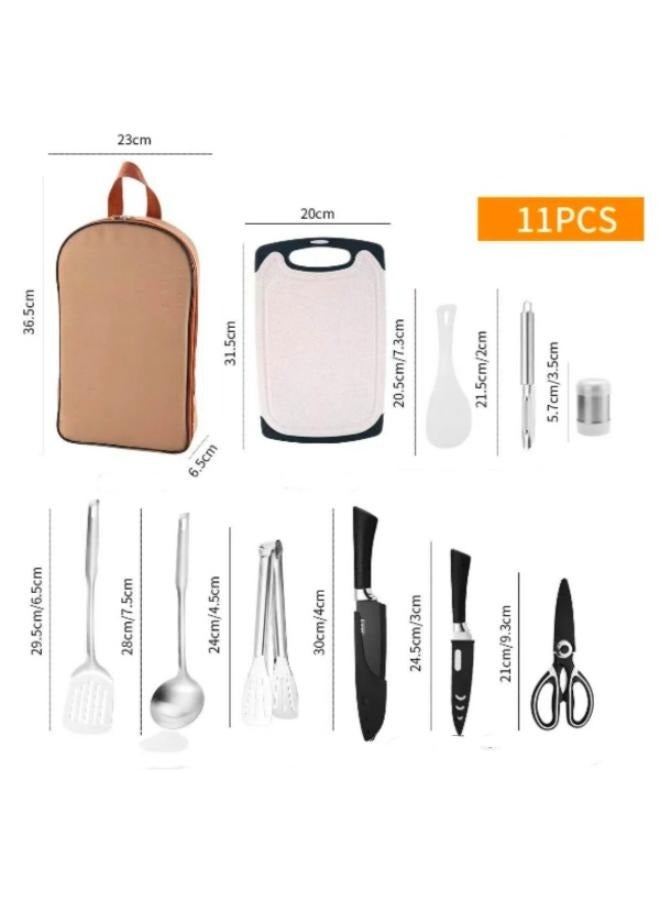 11 قطعة المحمولة الفولاذ المقاوم للصدأ نزهة مجموعة أدوات الشواية مع حقيبة حمل في الهواء الطلق شواء طقم حلل استانلس ستيل نزهة التخييم أدوات المطبخ - Image 2