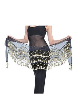 Excefore Belly Dance Hip Skirt Chiffon Dangling Gold Coins Belly Dance Hip Scarf Wrap Belt Black  - Image 2