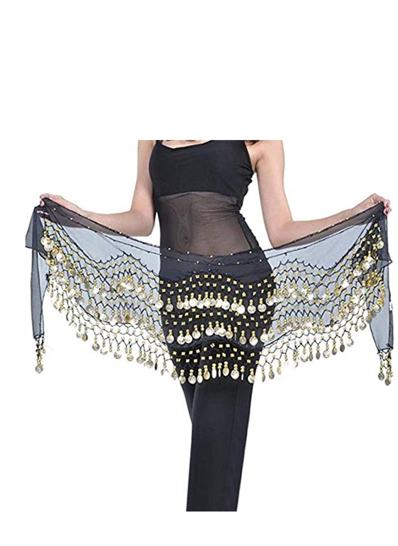 Excefore Belly Dance Hip Skirt Chiffon Dangling Gold Coins Belly Dance Hip Scarf Wrap Belt Black  - Image 2