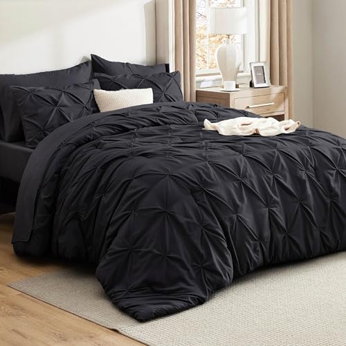 Bedsure Bedsure Full Comforter Set Black  Bed in a Bag Full Size 7 Pieces GentleSoft Pintuck Bed Set Gift for Family Pinch Pleat Black Comforter with Sheets Pillowcases  Shams 