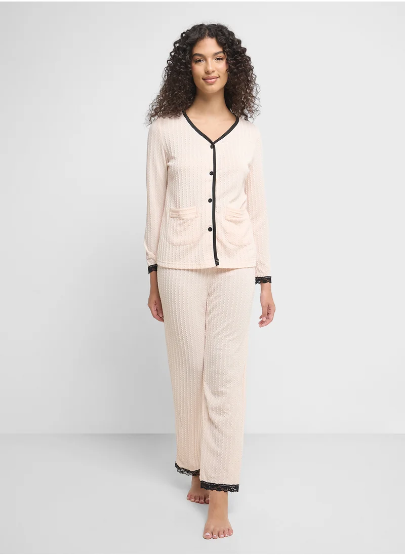 جينجر Ribbed Button Up Shirt & Pyjama Set
