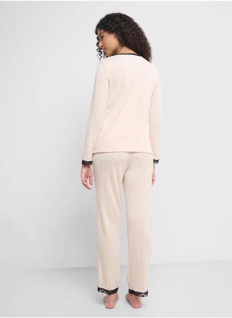 جينجر Ribbed Button Up Shirt & Pyjama Set