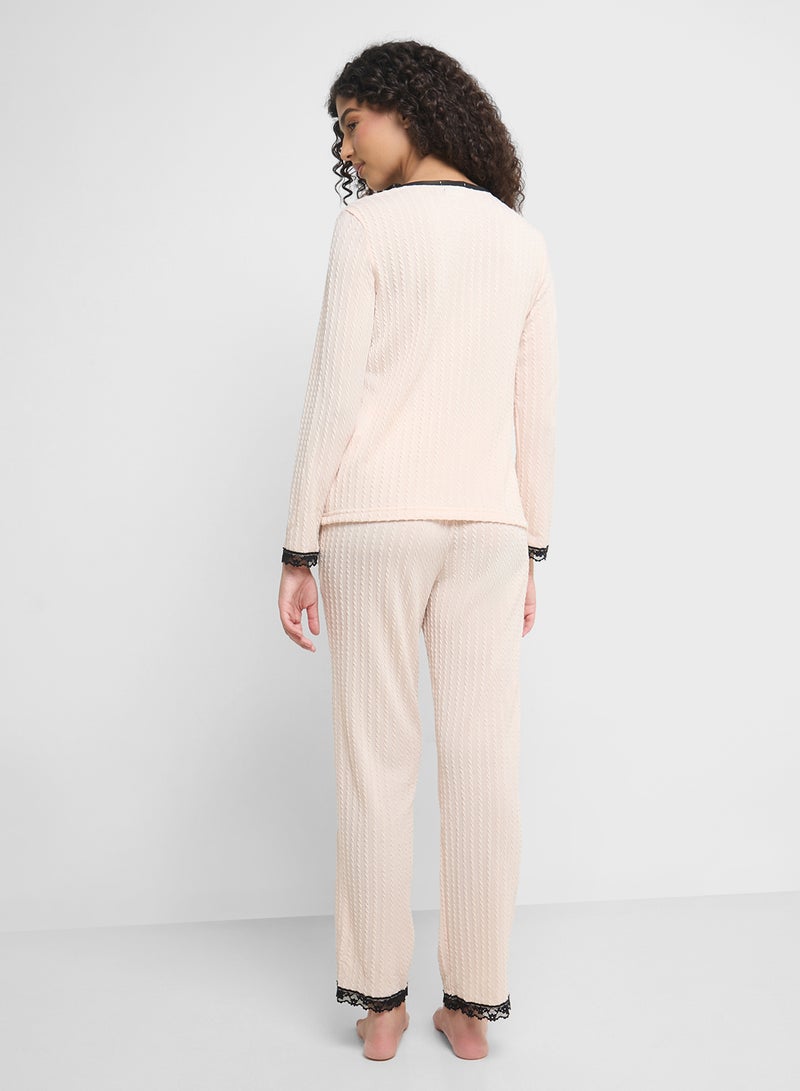 Ginger Ribbed Button Up Shirt & Pyjama Set  - Image 2
