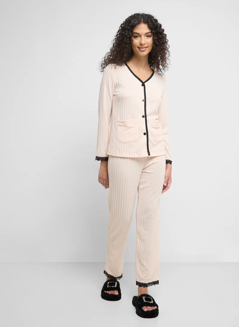 Ginger Ribbed Button Up Shirt & Pyjama Set