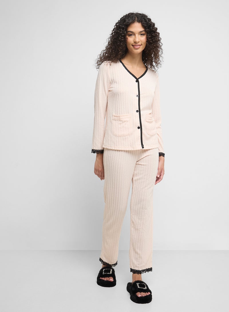 Ginger Ribbed Button Up Shirt & Pyjama Set  - Image 5