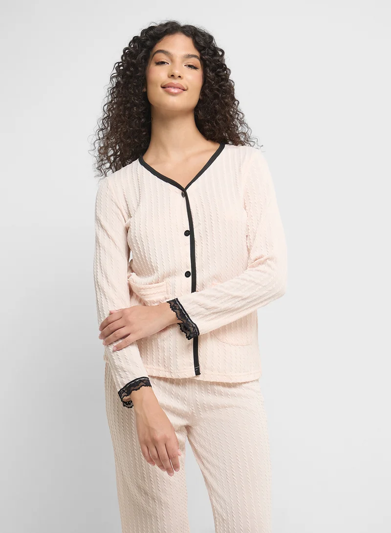 Ginger Ribbed Button Up Shirt & Pyjama Set