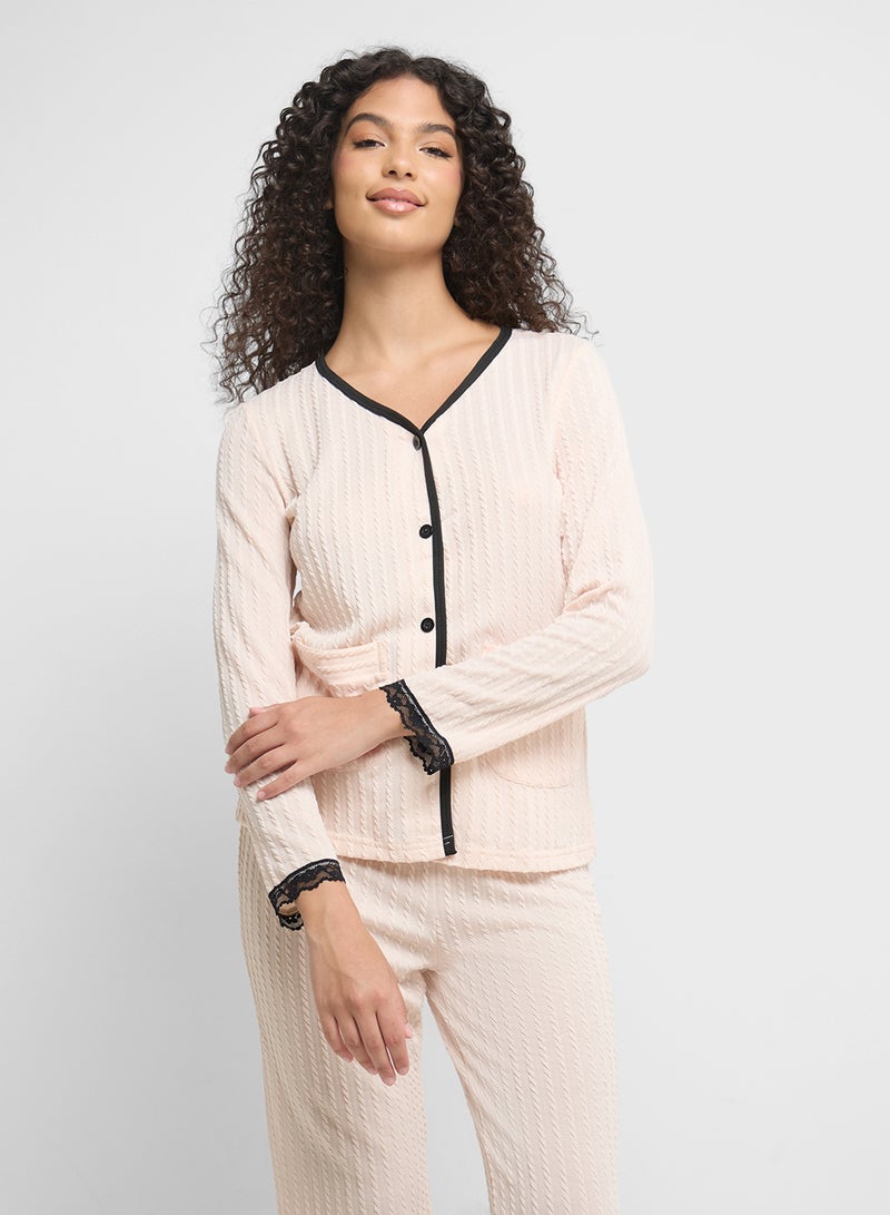 Ginger Ribbed Button Up Shirt & Pyjama Set  - Image 3