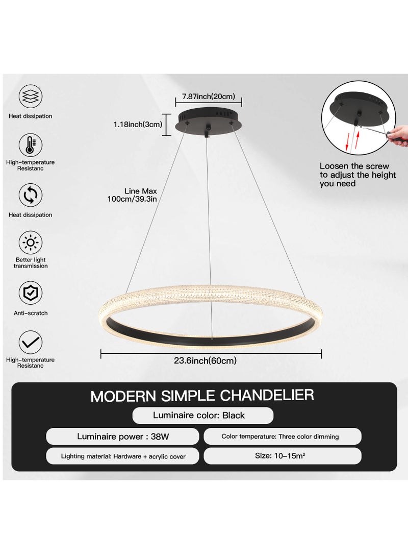 YATAI LIGHTING Modern LED Bedroom Chandelier, Black Ring Chandelier for Living Room, Dining Room, and Study, Dimmable and Adjustable Height Chandelier Light, 10-15㎡,38W,3000-6000K  - Image 3