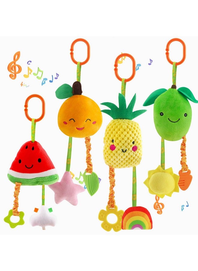 KAKIBLIN Baby Hanging Rattle Toys, 4 Pack Car Seat Stroller Toys Soft Squeaky Toys For Baby Newborn Infant Car Bed Crib Travel Activity, Fruits-A - Image 1