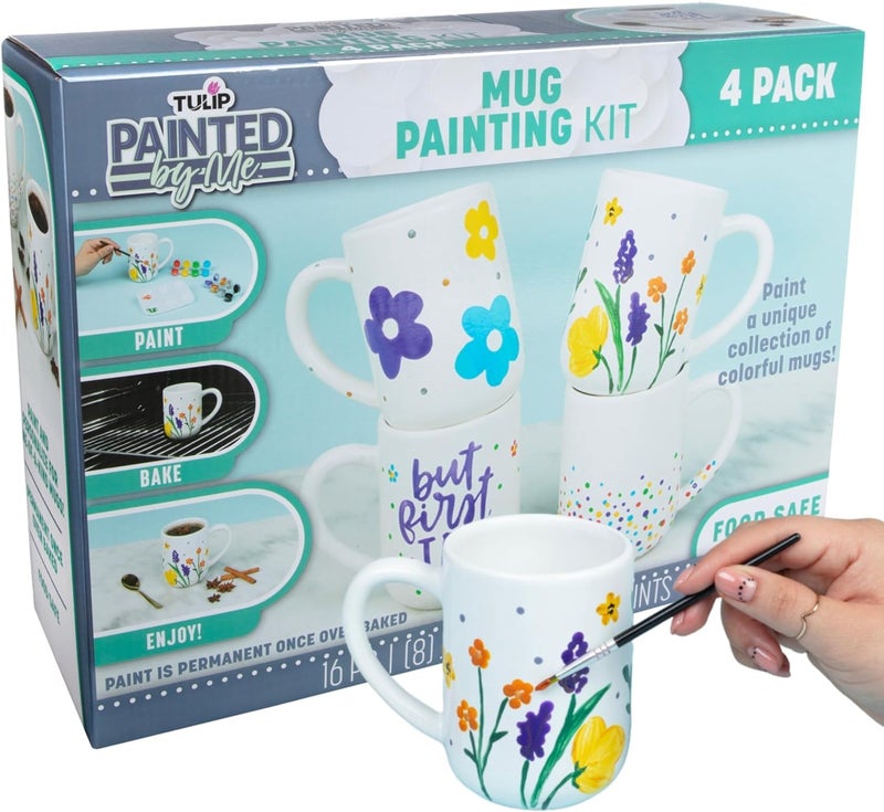 Tulip Food Safe Painted by Me, at Home Paint and Bake Kit - 4 Ceramic Mug Painting Set, Family Activity or Paint Night, All-In-One - Rainbow Paint, 4 Brushes & 4 Paintable Mugs. Studio Quality Results - Image 1