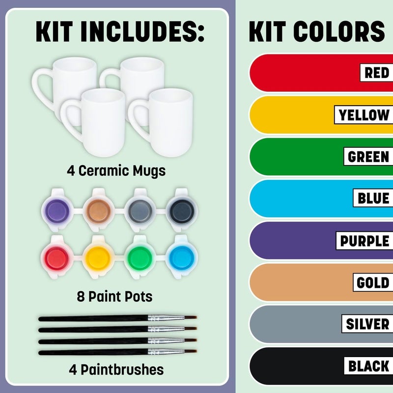 Tulip Food Safe Painted by Me, at Home Paint and Bake Kit - 4 Ceramic Mug Painting Set, Family Activity or Paint Night, All-In-One - Rainbow Paint, 4 Brushes & 4 Paintable Mugs. Studio Quality Results - Image 3