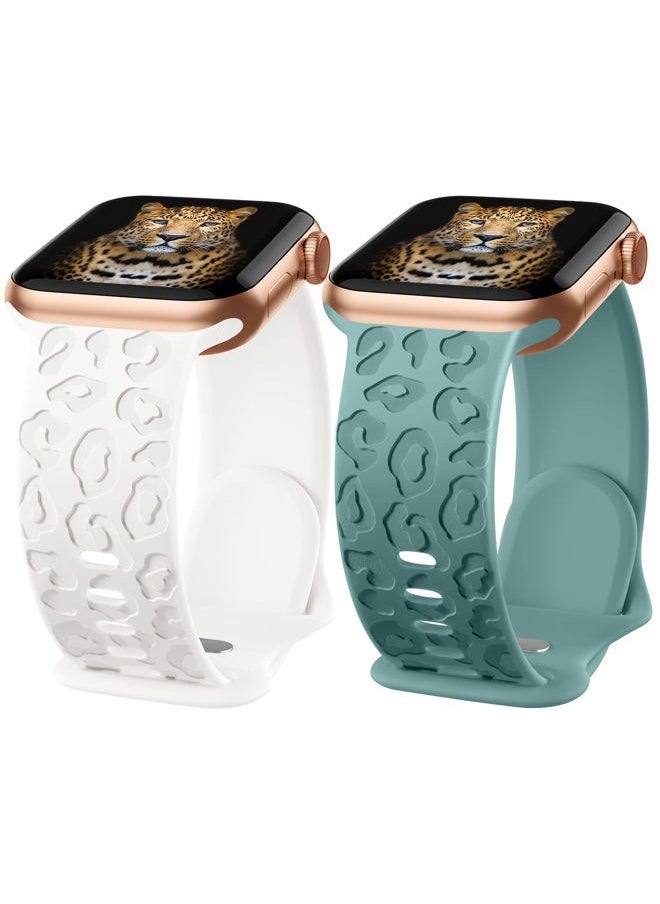 IKANFI - 2Pack Leopard Engraved Bands Compatible with Apple Watch Band 49mm 46mm 45mm 44mm 42mm Women, Silicone Cheetah Sport Strap for iWatch Series SE 10 9 8 7 6 5 4 3 2 1,Ultra-WTCS42 - Image 1