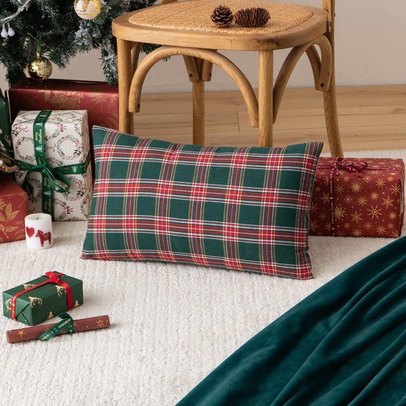 AQOTHES Pack of 2 Christmas Plaid Decorative Throw Pillow Covers Scottish Tartan Cushion Case for Farmhouse Home Holiday Decor Red and Green  12 x 20 Inches - Image 2