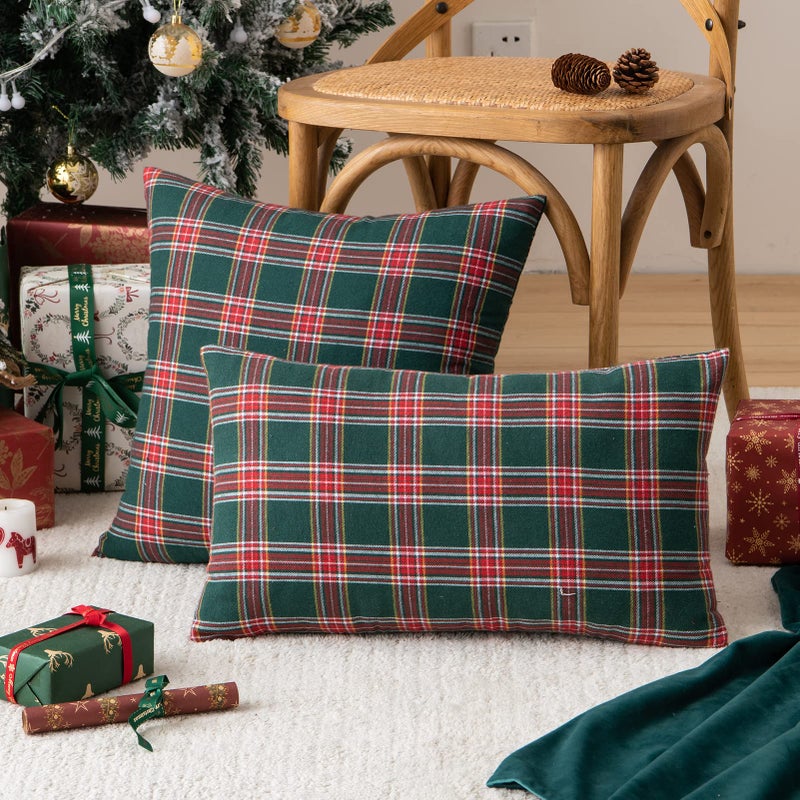 AQOTHES Pack of 2 Christmas Plaid Decorative Throw Pillow Covers Scottish Tartan Cushion Case for Farmhouse Home Holiday Decor Red and Green  12 x 20 Inches - Image 3