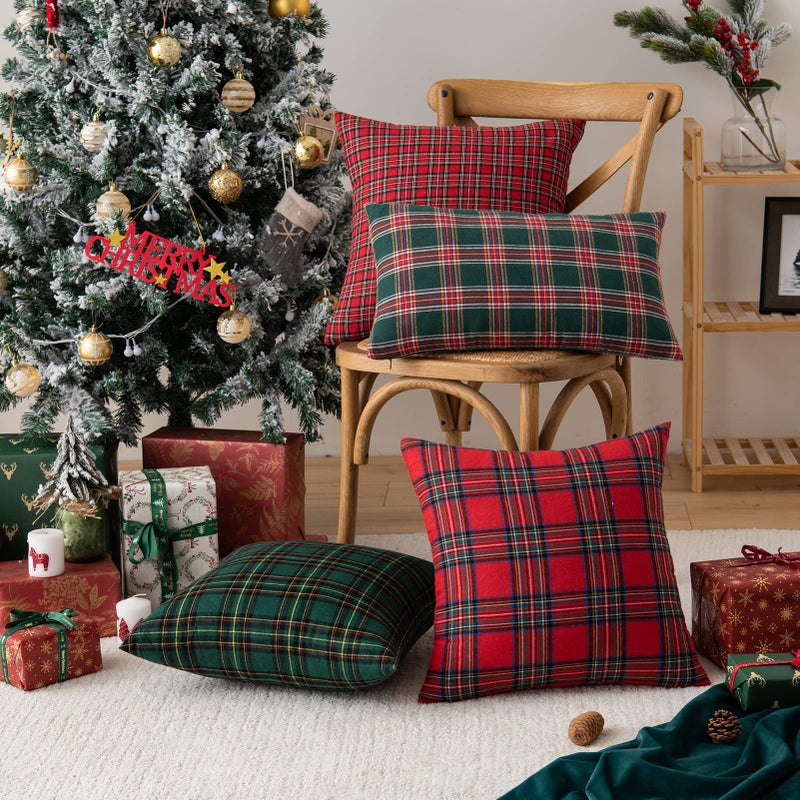 AQOTHES Pack of 2 Christmas Plaid Decorative Throw Pillow Covers Scottish Tartan Cushion Case for Farmhouse Home Holiday Decor Red and Green  12 x 20 Inches - Image 4
